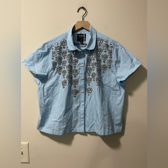 NWT J. Crew Collection Baby Blue White Pinstripe Embellished Crop Shirt Size 16 - Picture 3 of 11